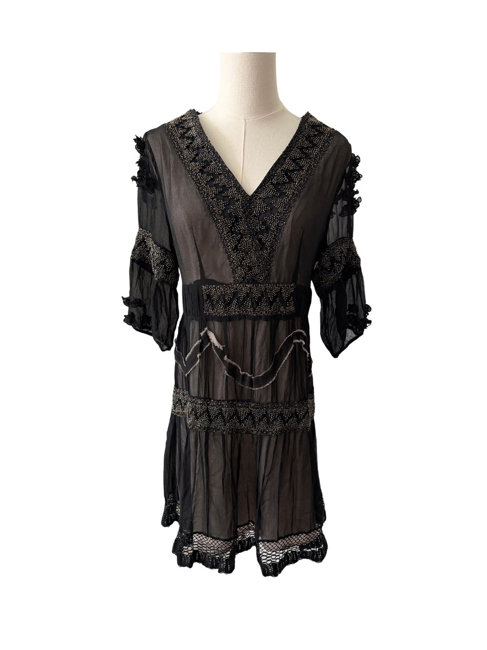 Diane Von Furstenberg 100% Silk Black Beaded Empire Waist Tunic Dress 3/4 Sleeve